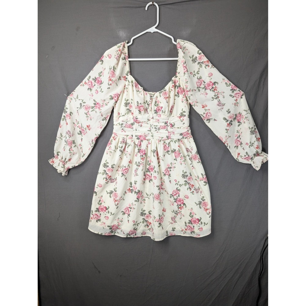 Inspired Hearts Floral Long Sleeve Mini Dress White Pink Size Large